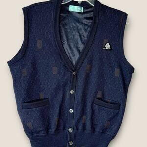 Vintage Woolmark Hiko 100% Wool Knit Buttoned Sweater Vest Men Size L Dark Navy